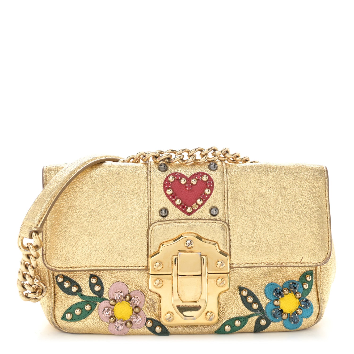 Dolce & Gabbana DOLCE & GABBANA Metallic Calfskin Crystal Embellished Lucia Shoulder Bag Gold Multicolor 1 of 13