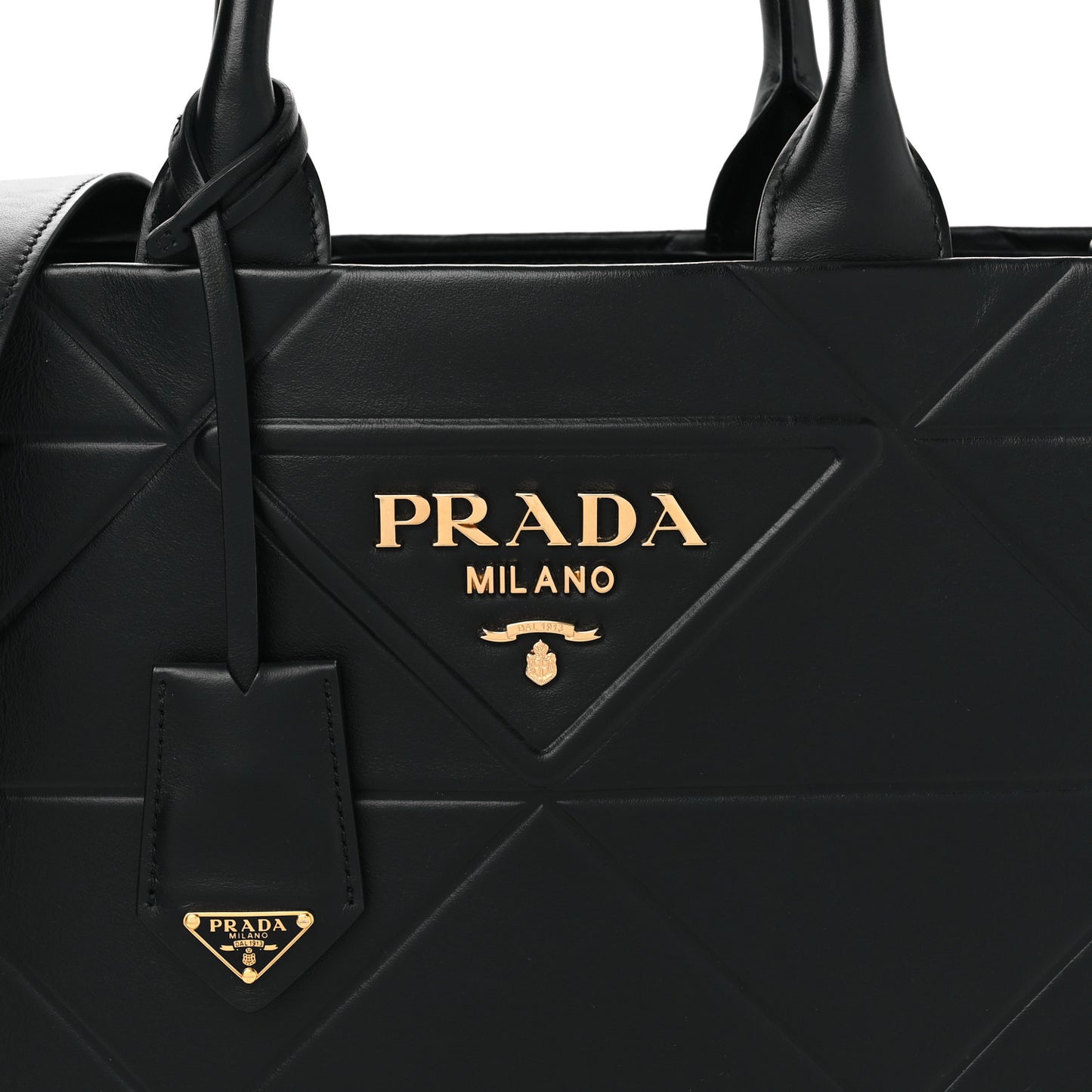 Soft Calfskin Triangolo Symbole Embossed Small Tote Black