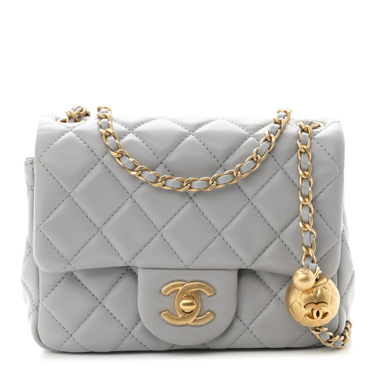Lambskin Quilted Mini Pearl Crush Flap Light Grey