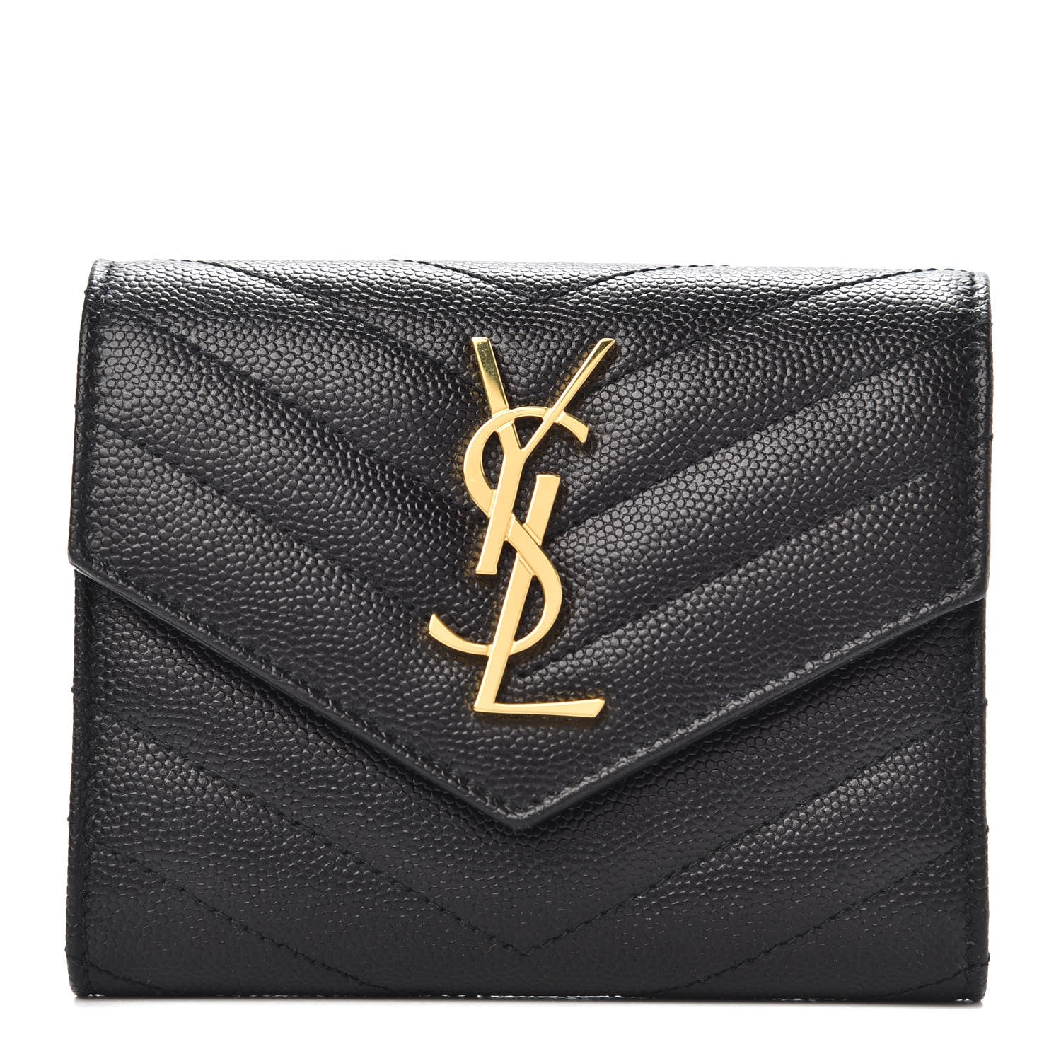 Saint Laurent Grain De Poudre Matelasse Chevron Monogram Compact Tri Fold Wallet Black 1 of 7