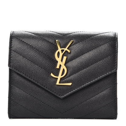 Saint Laurent Grain De Poudre Matelasse Chevron Monogram Compact Tri Fold Wallet Black 1 of 7
