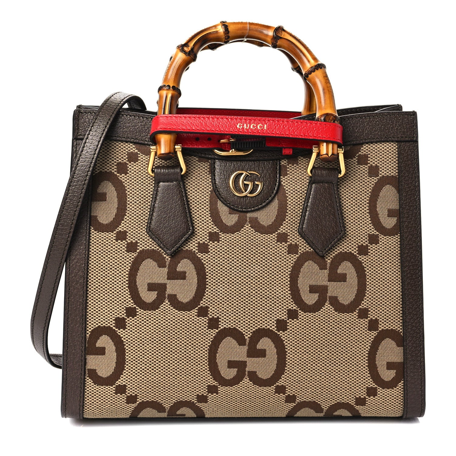 Gucci Monogram Jumbo GG Textured Dollar Calfskin Small Diana Tote Bag Camel Ebony New Acero Pomegranate Red 1 of 5