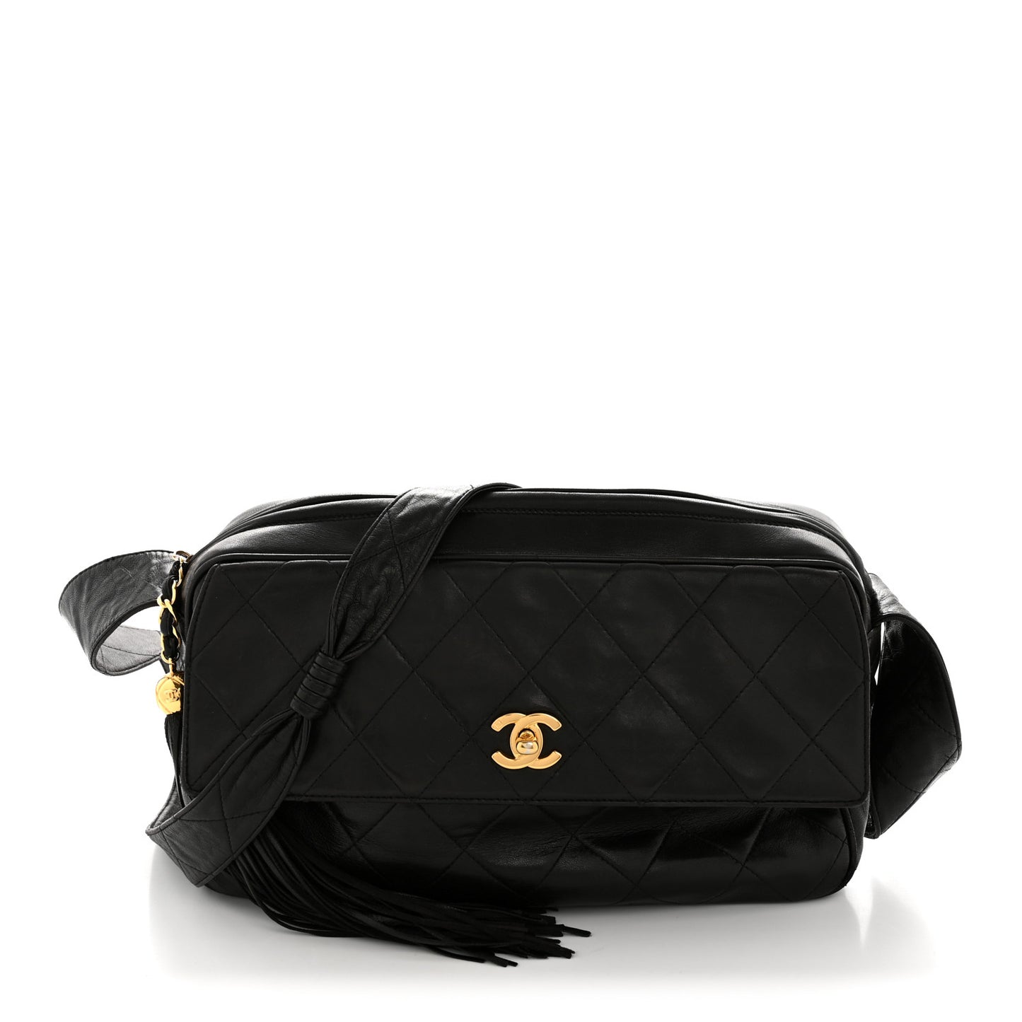 Lambskin Quilted Tassel Camera Case Black