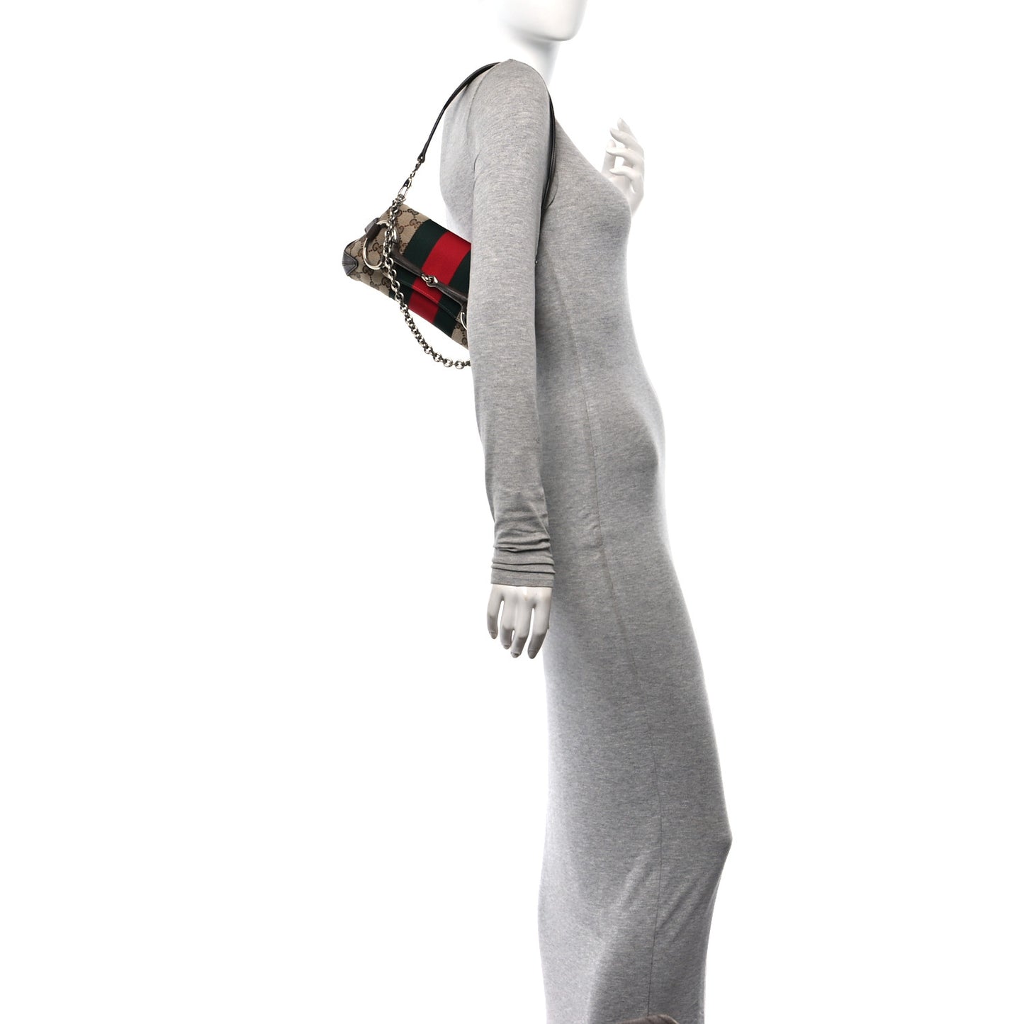 Monogram Textured Dollar Calfskin Heavy Grosgrain Web Small Maxi Horsebit Chain Shoulder Bag Beige Ebony New Acero