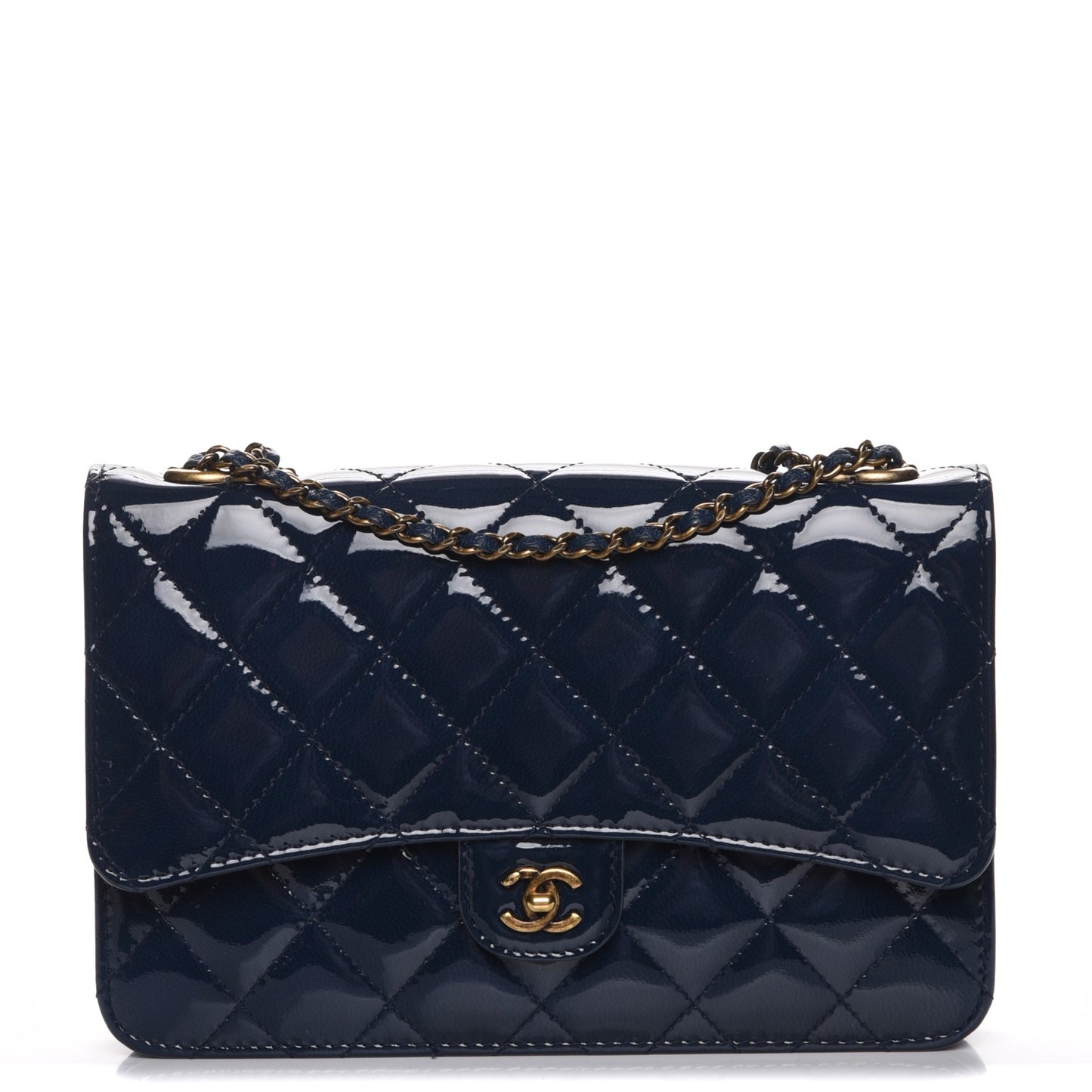 Patent Goatskin Quilted CC Eyelet Wallet On Chain WOC Blue