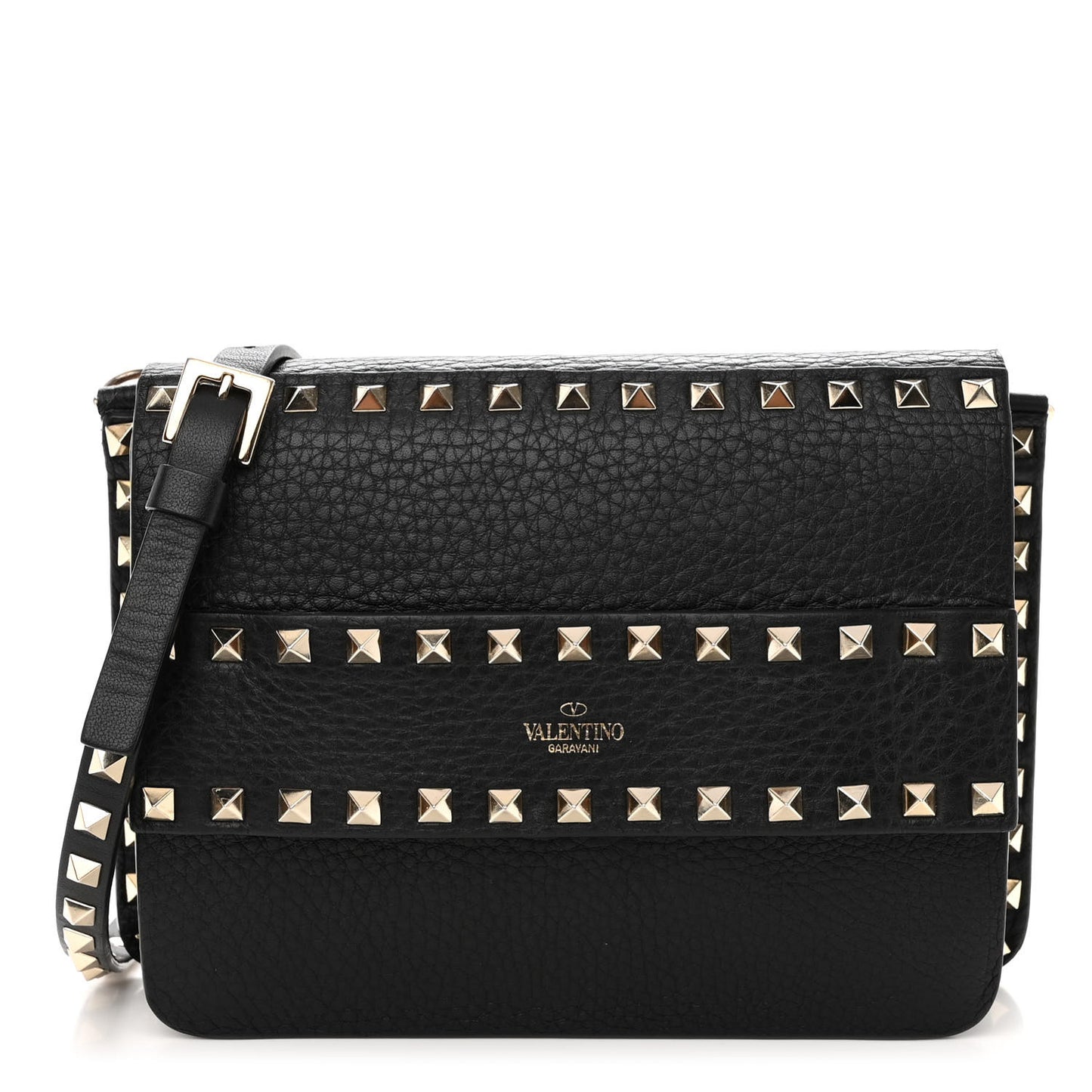 Pebbled Calfskin Rockstud Side Slip Crossbody Black
