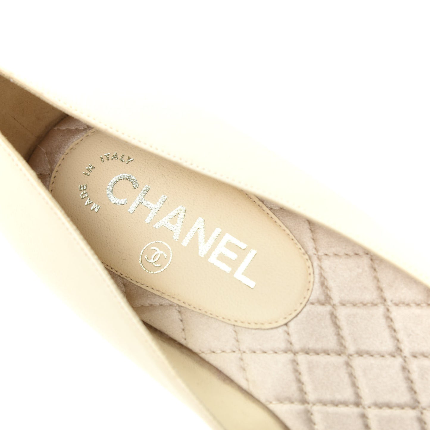 Patent Lambskin Crystal CC Cap Toe Ballerina Flats 39 Beige Black