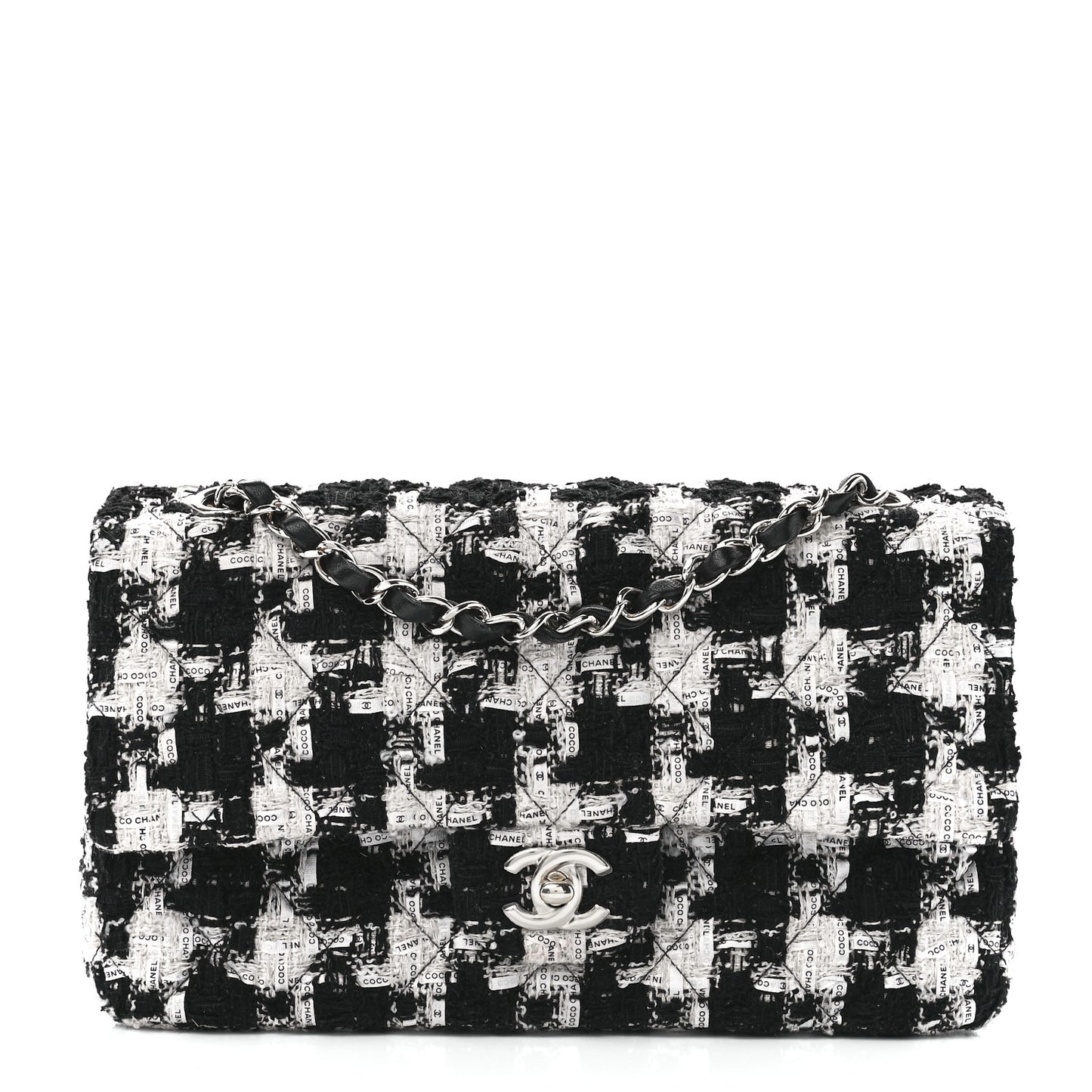 Tweed Quilted Medium Double Flap Black Ecru White