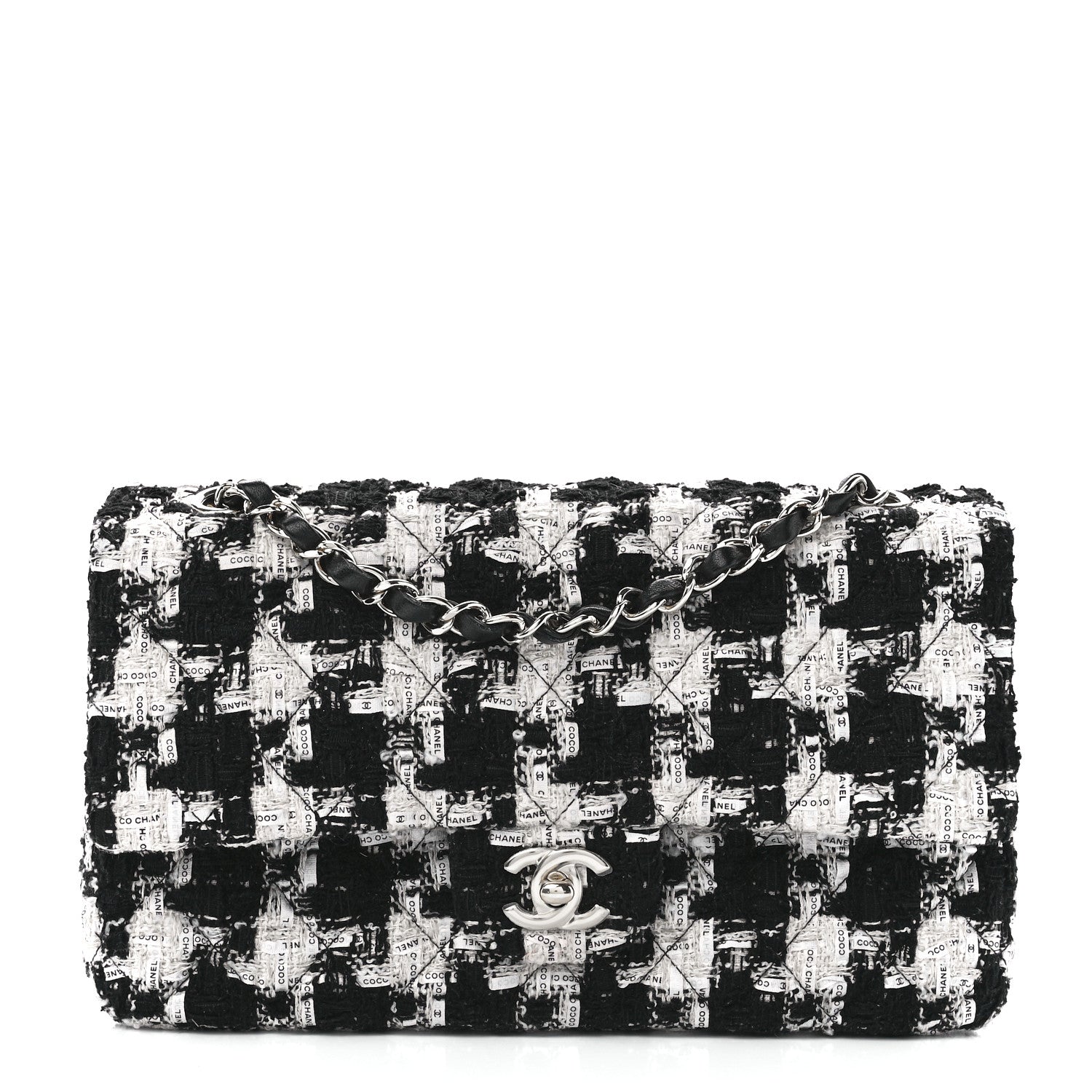 Chanel Tweed Quilted Medium Double Flap Black Ecru White 1 of 13