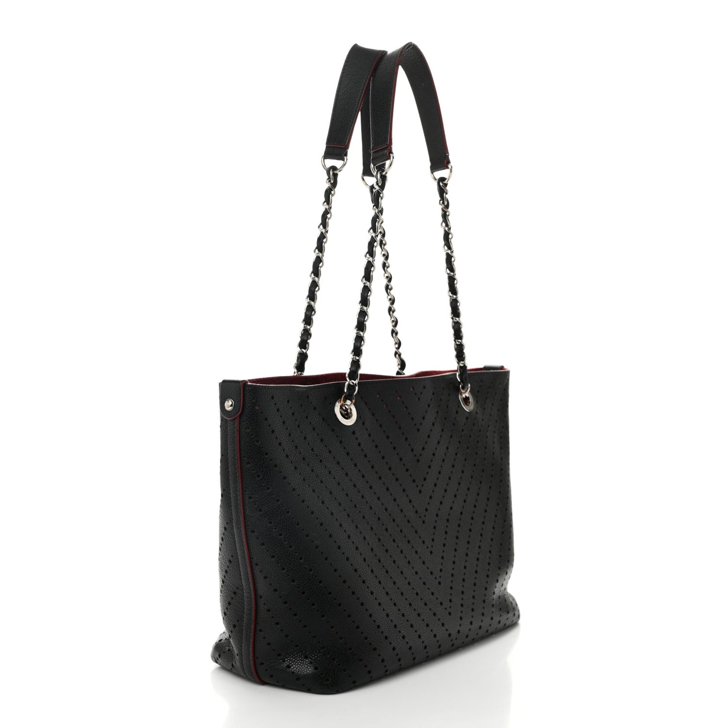 Perforated Grained Calfskin Large Shopping Tote Black