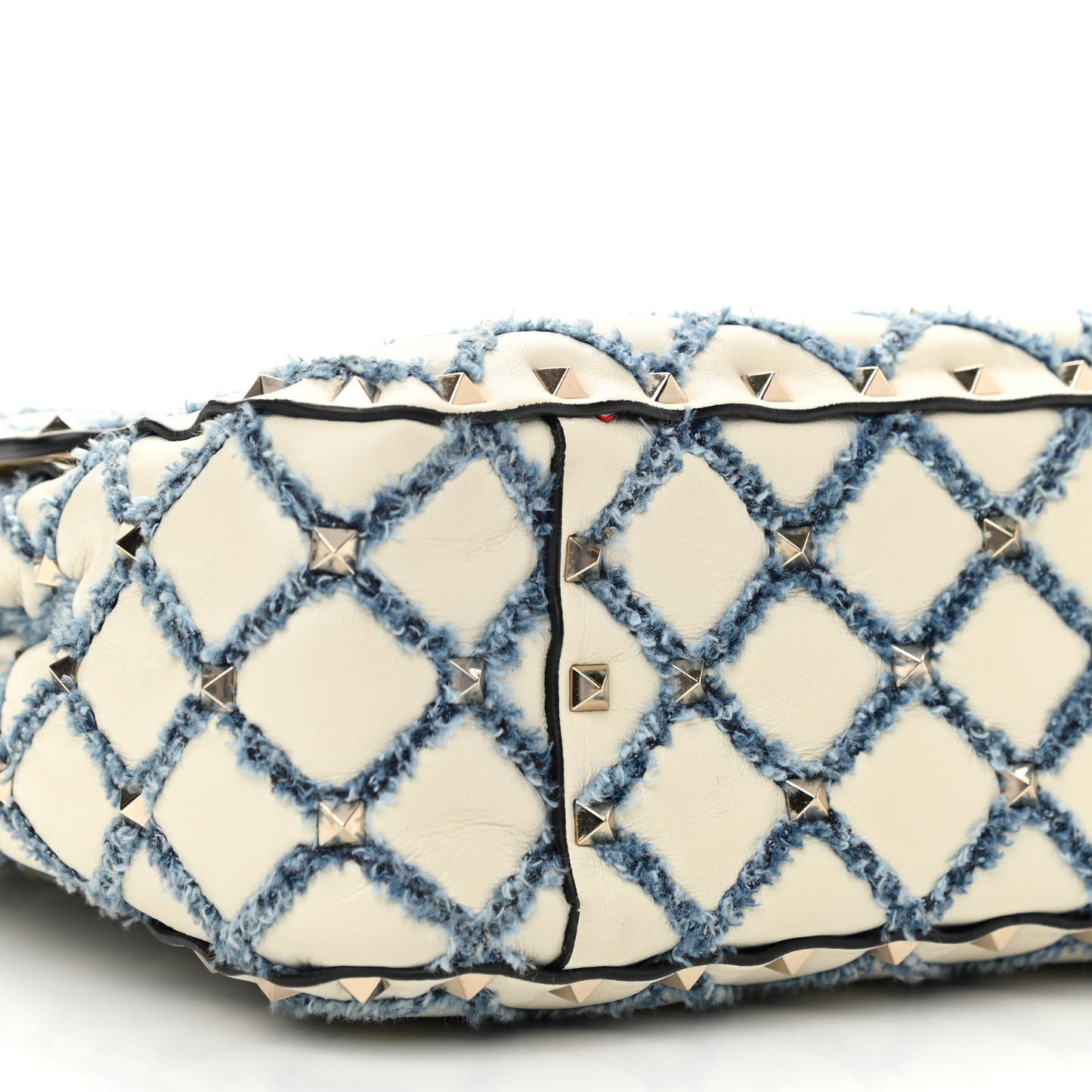 Nappa Denim Quilted Rockstud Medium Spike Shoulder Bag Ivory Blue