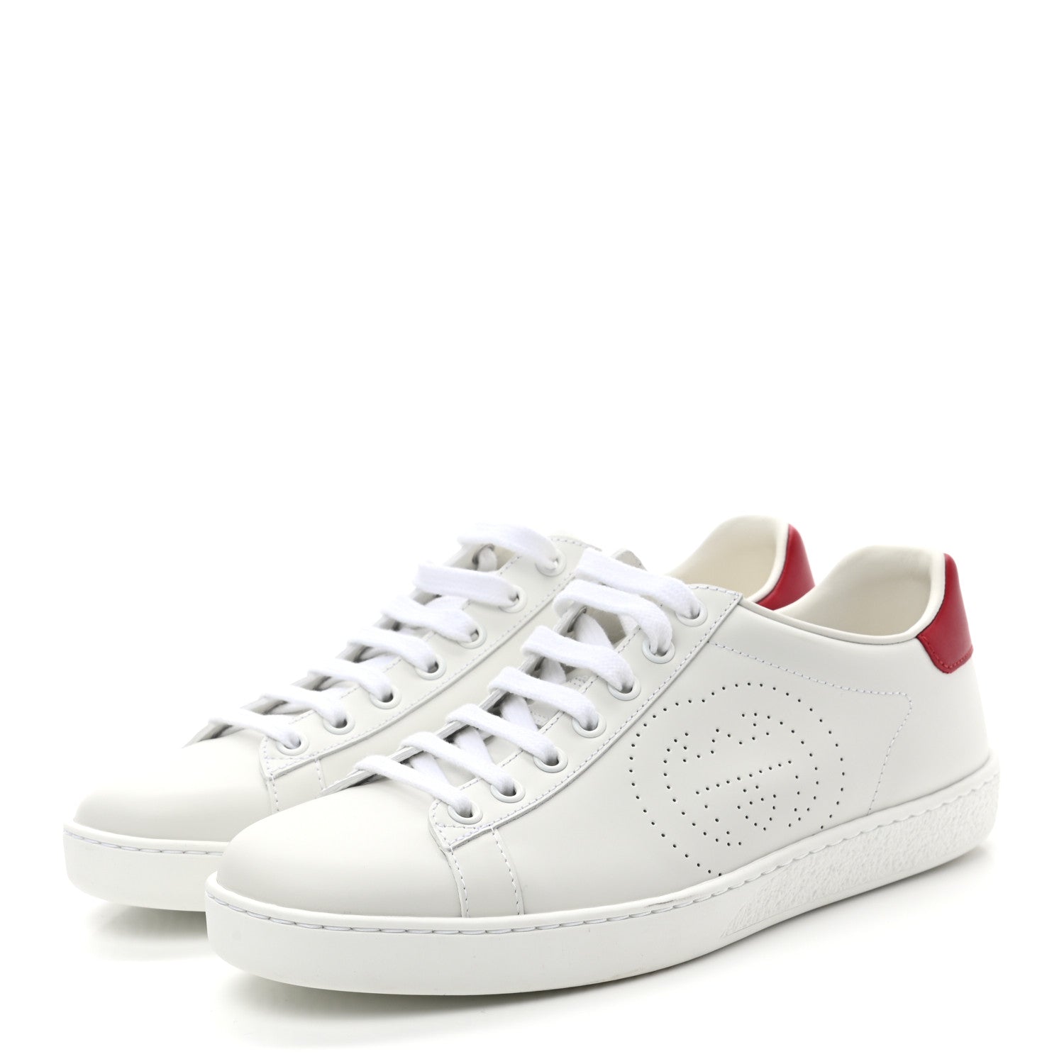 Gucci Calfskin Interlocking G Perforated Womens Ace Sneakers 37.5 White Hibiscus Red 3 of 8