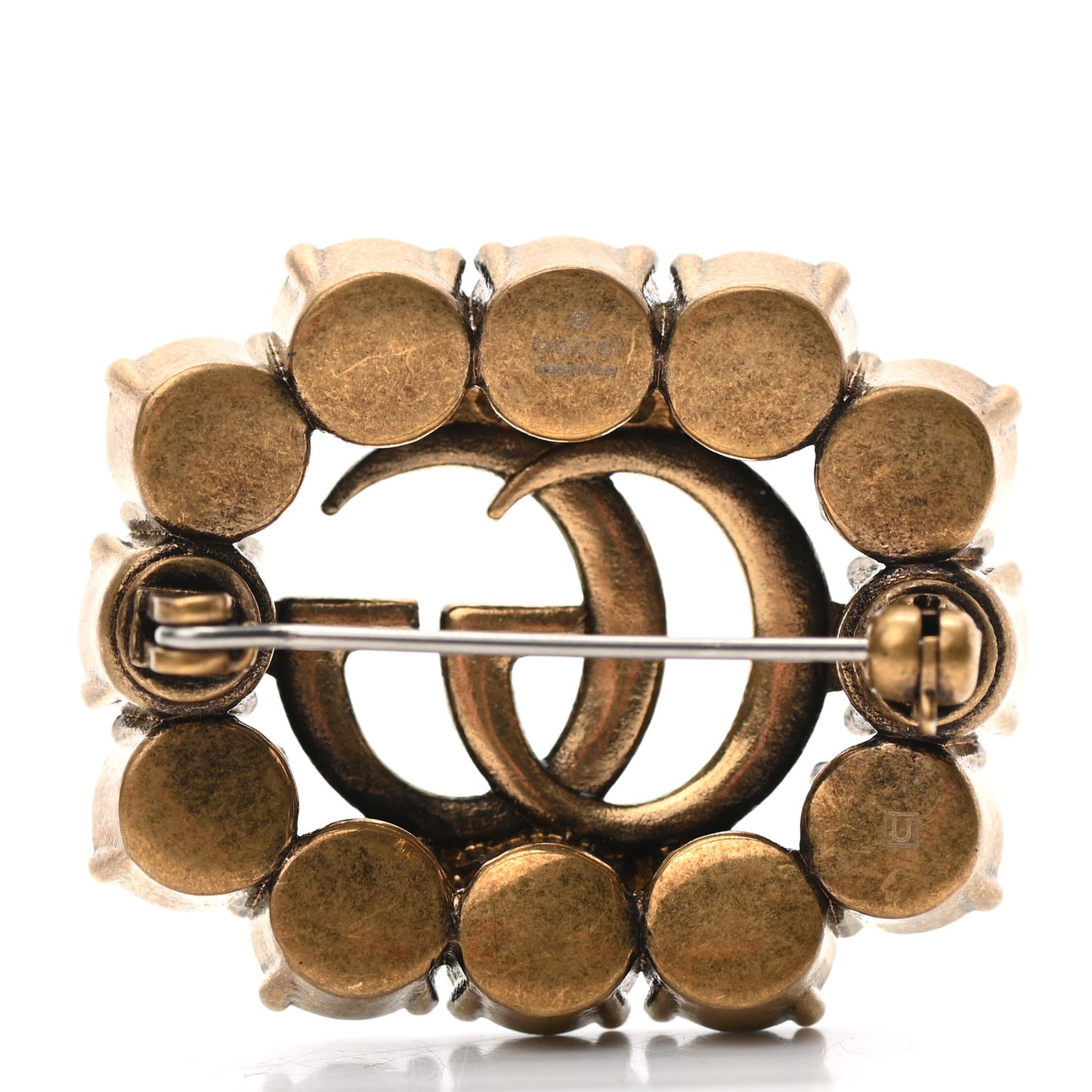 Metal Crystal Double G Brooch Aged Gold Green