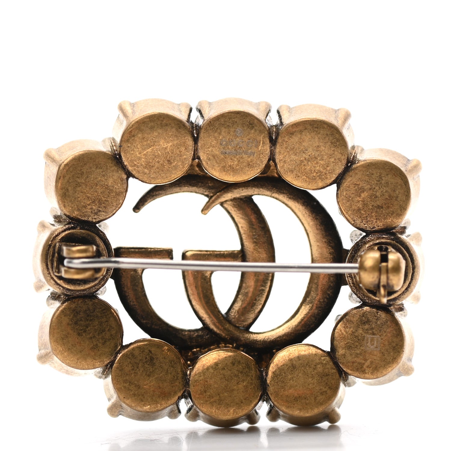 Gucci Metal Crystal Double G Brooch Aged Gold Green 3 of 4