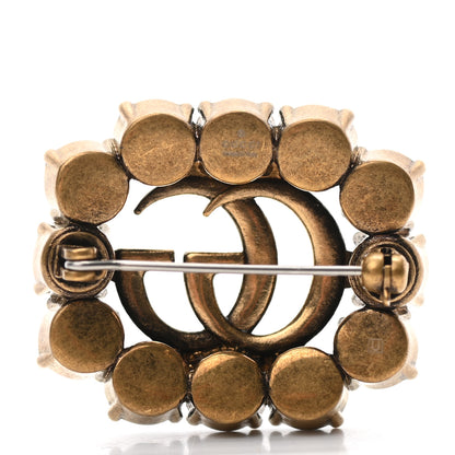 Gucci Metal Crystal Double G Brooch Aged Gold Green 3 of 4