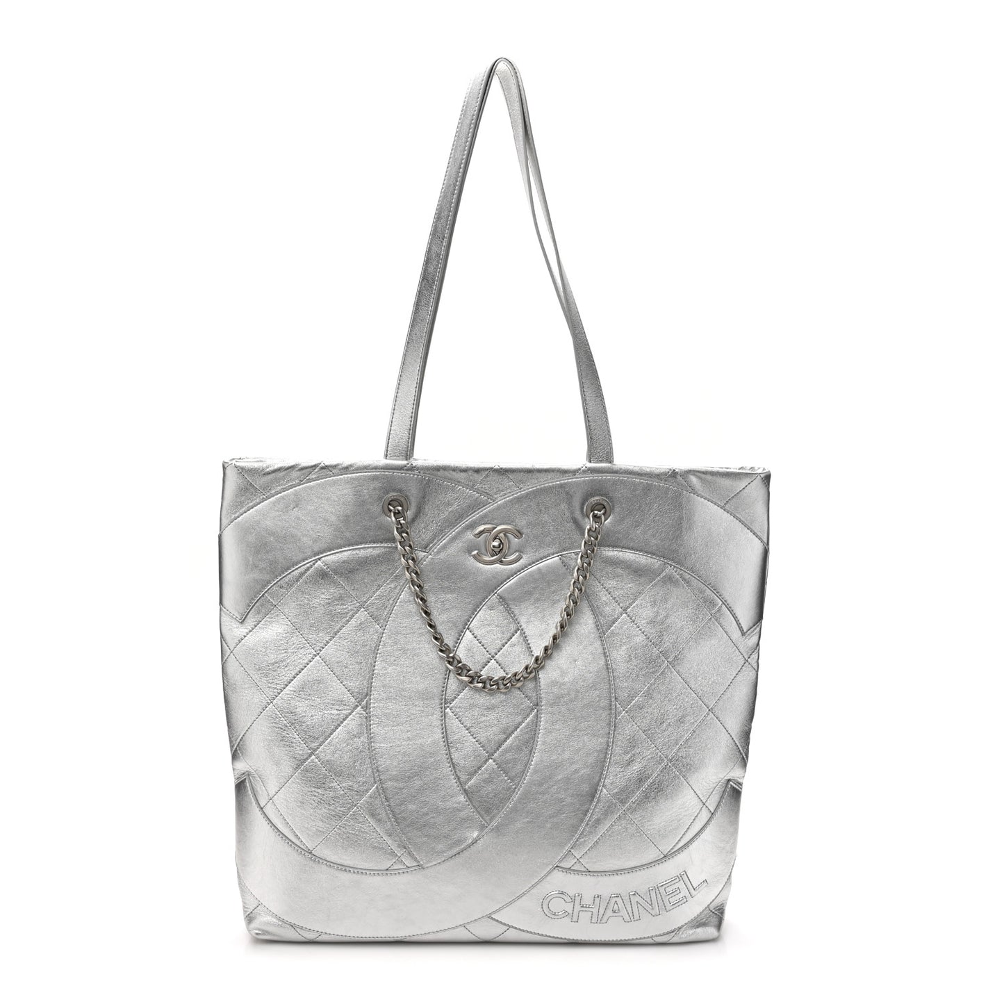 Metallic Calfskin Stitched CC Club Monaco Tote Silver