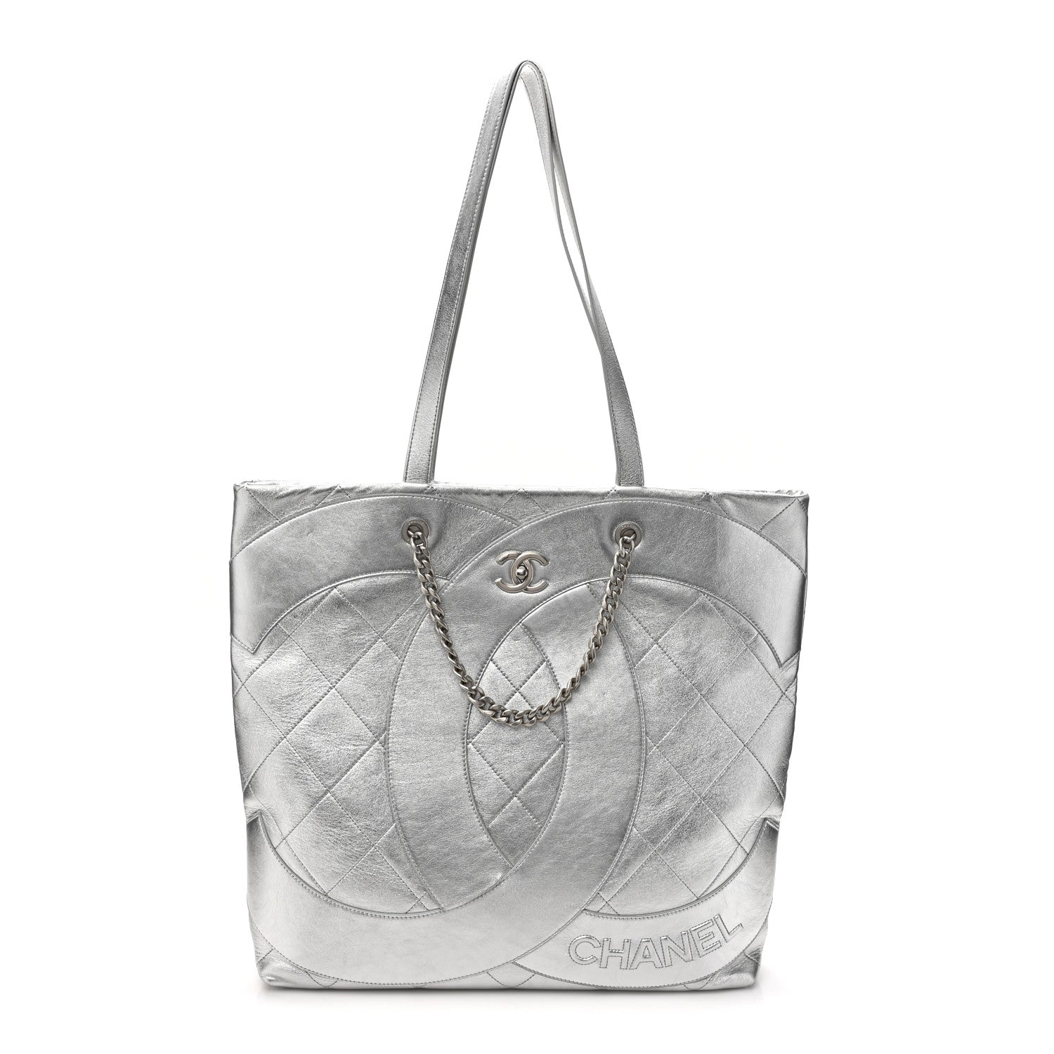 Chanel Metallic Calfskin Stitched CC Club Monaco Tote Silver 1 of 12