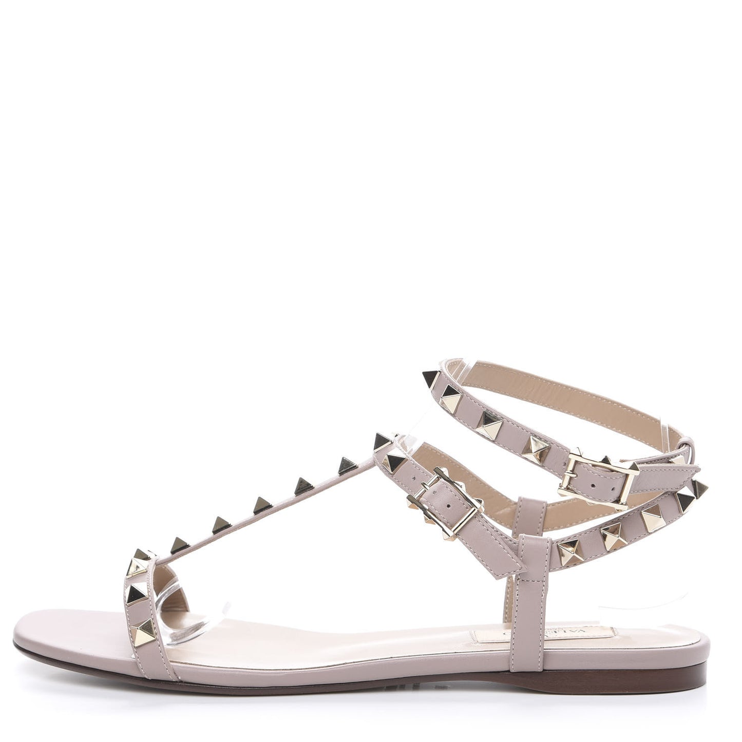 Calfskin Rockstud Ankle T-Strap Flat Sandals 38 Poudre