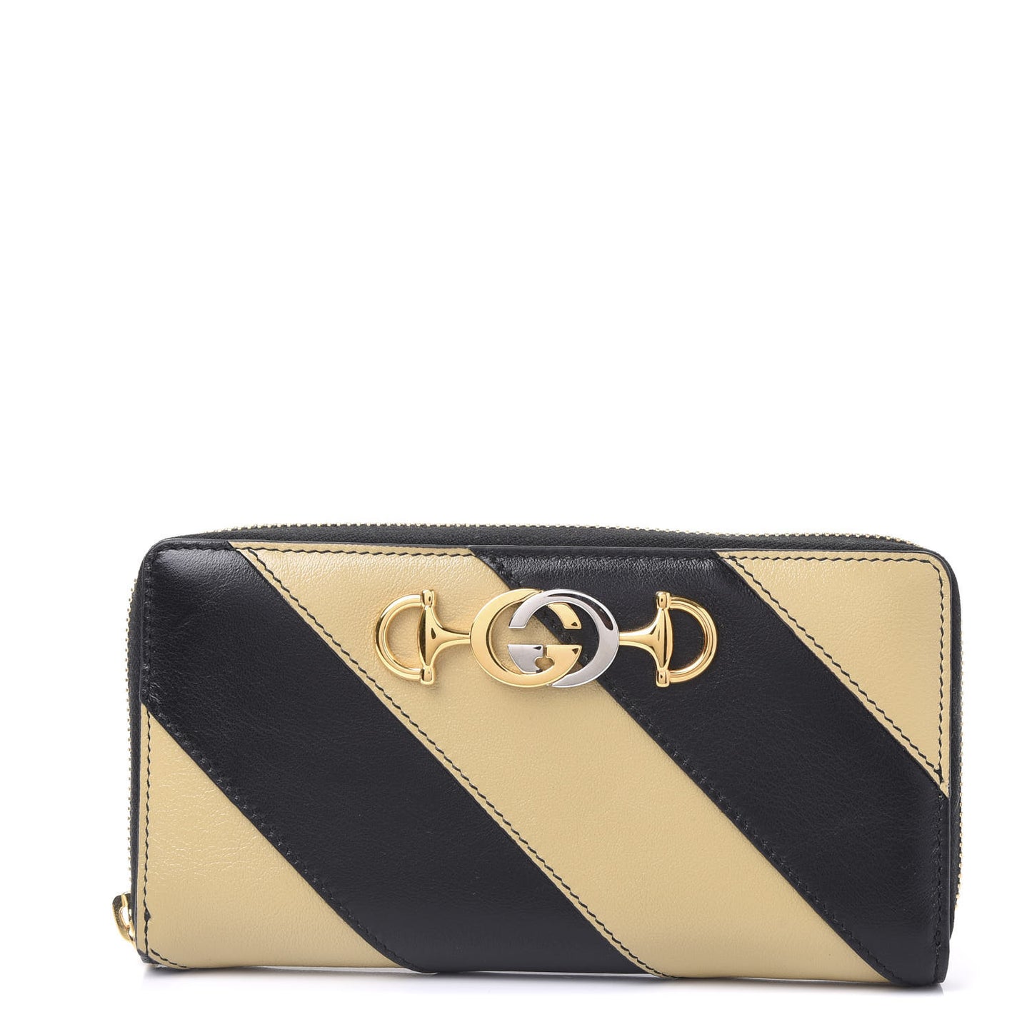 Smooth Calfskin Diagonal Striped Zumi Zip Around Wallet Black Beige