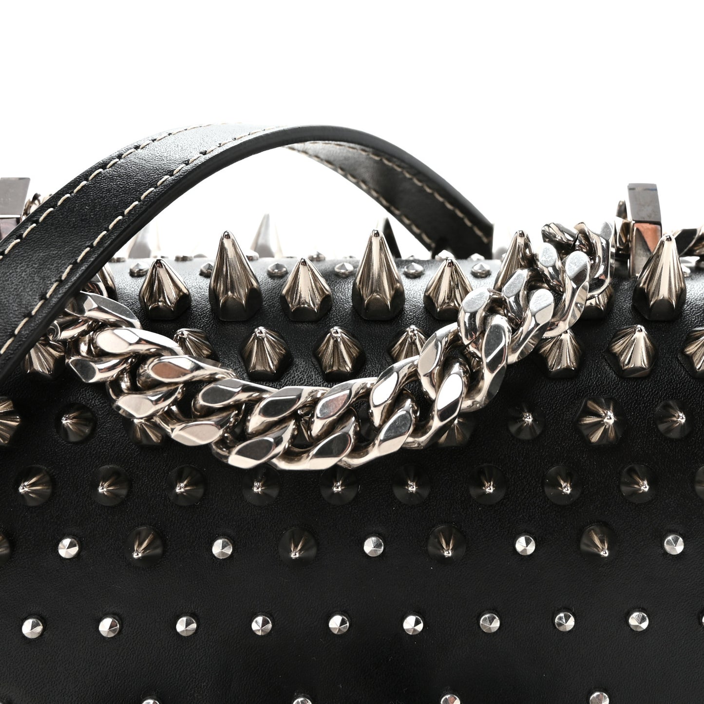 Calfskin Spike Studded Knuckle Satchel Black Silver