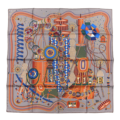 Hermes Silk La Laboratoire du Temps Scarf 90 Etoupe Bleu Caramel 1 of 6