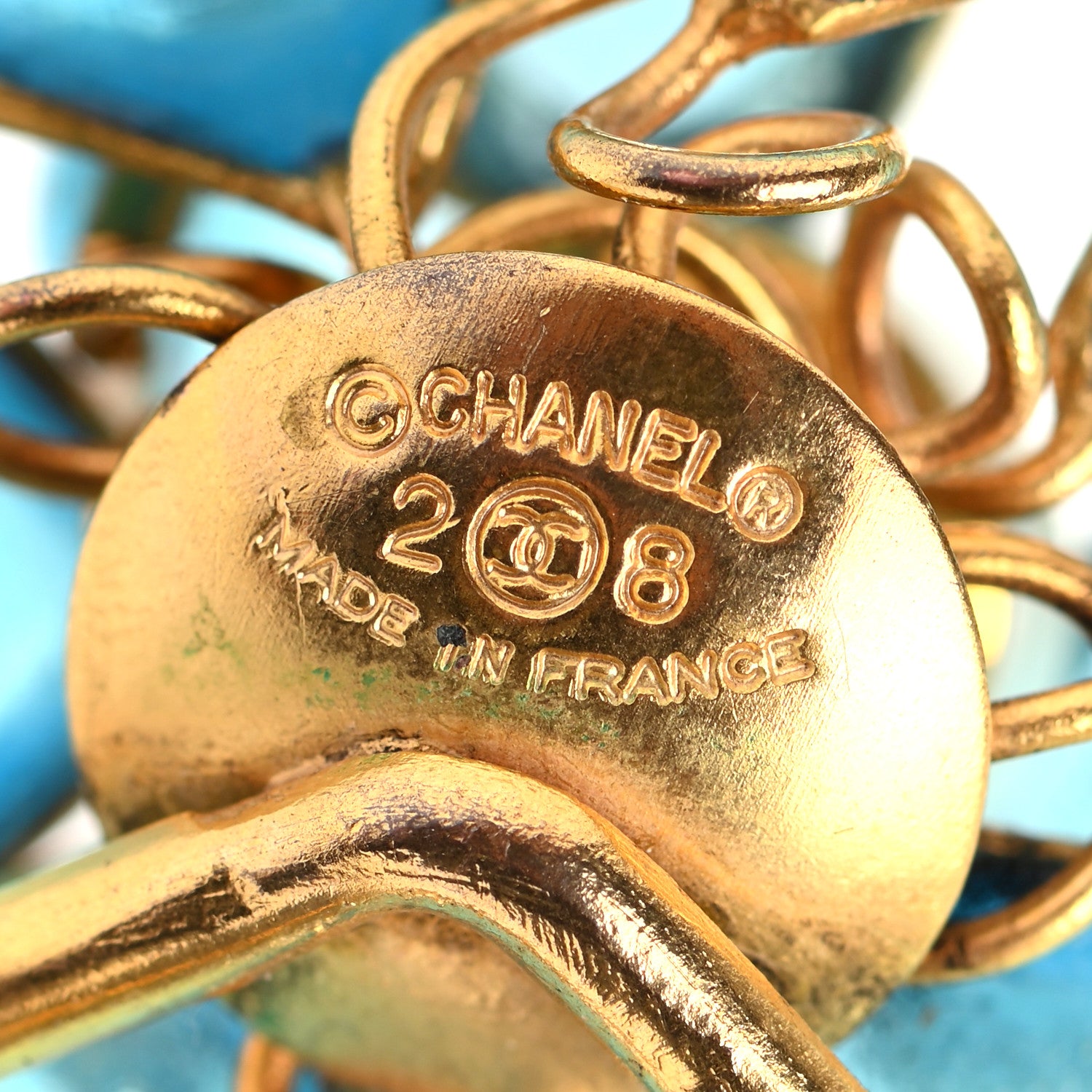 Chanel Gripoix Poured Glass Pearl Camellia Brooch Blue Gold 4 of 4