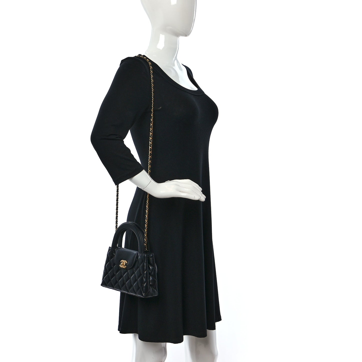 Shiny Aged Calfskin Quilted Nano Kelly Shopper Black