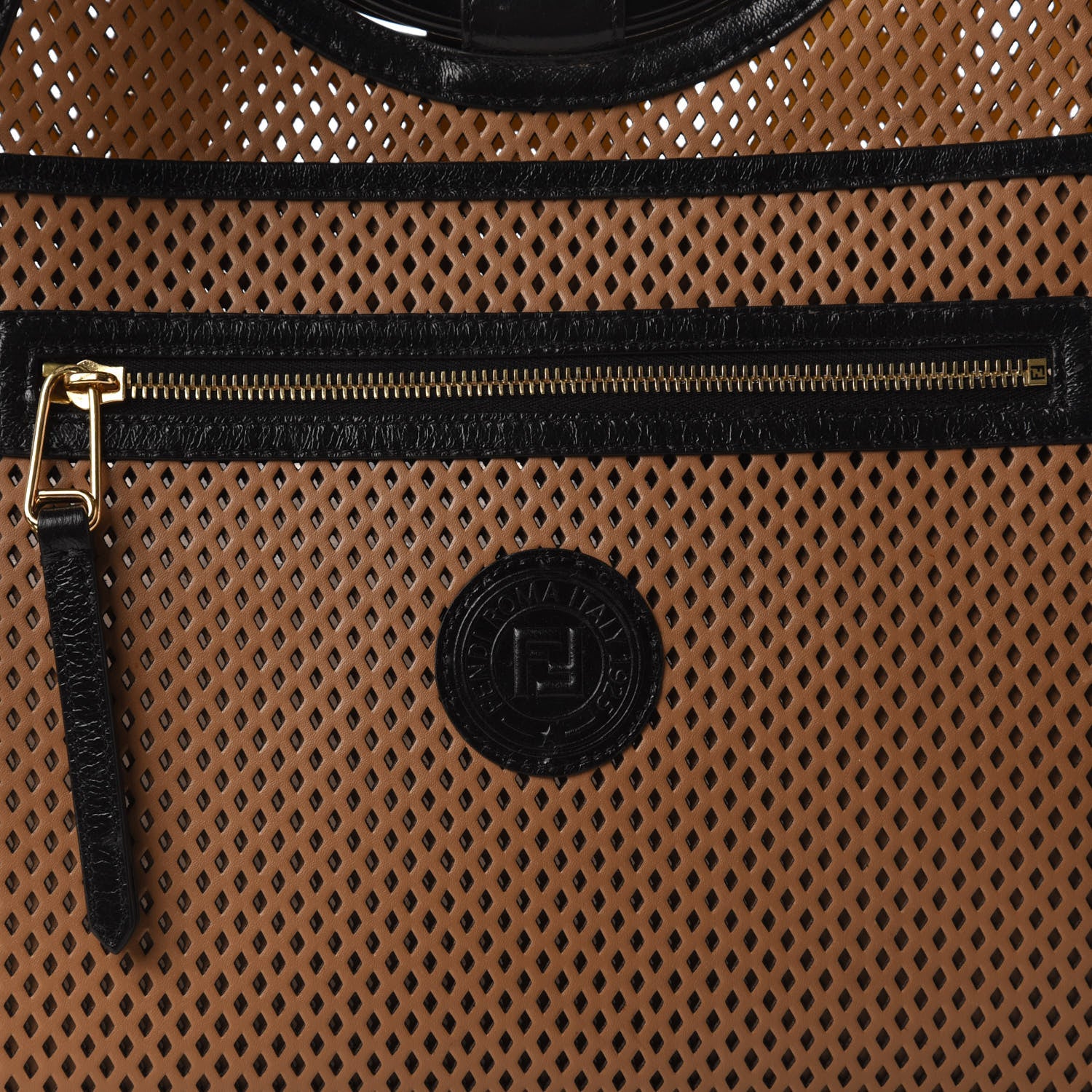 Fendi Vitello Liberty Glossy Lambskin Perforated Medium Runaway Shopper Tote Sand Mimosa Black 9 of 9