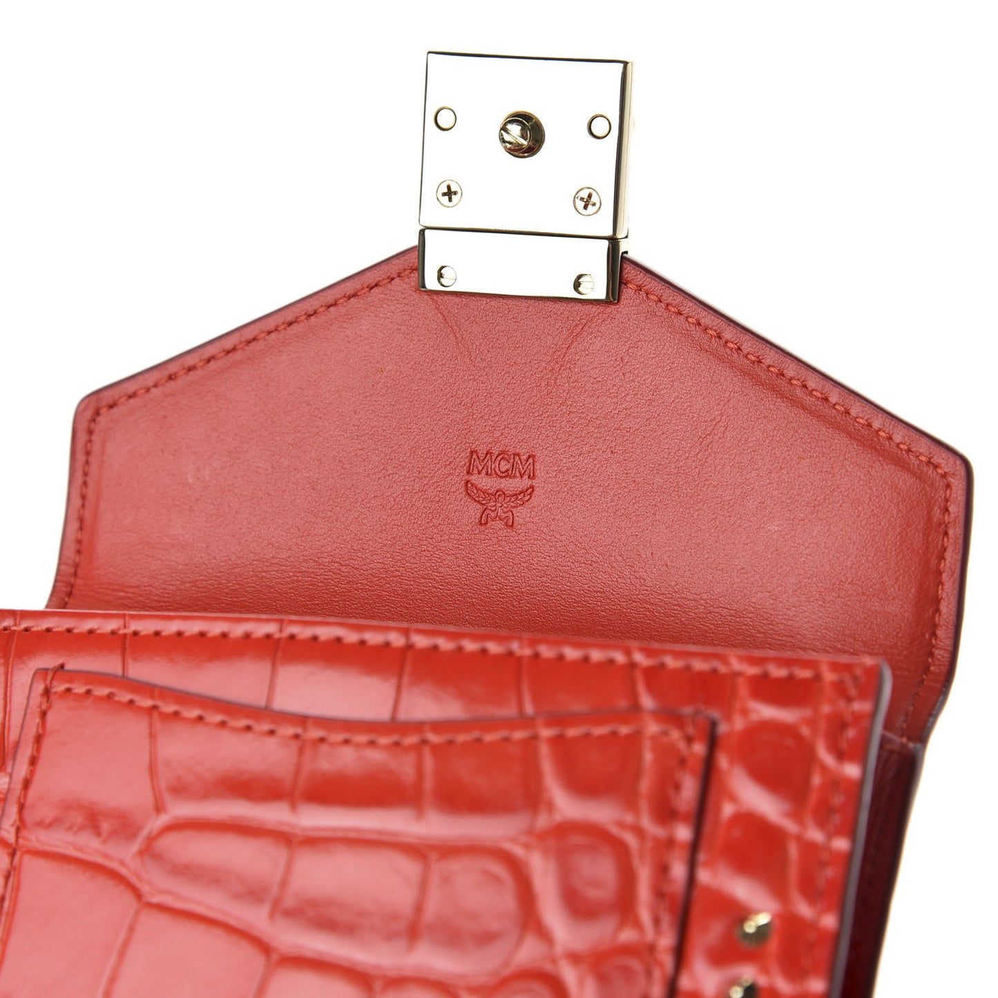 Calfskin Crocodile Embossed Flap Card Holder Ruby Red