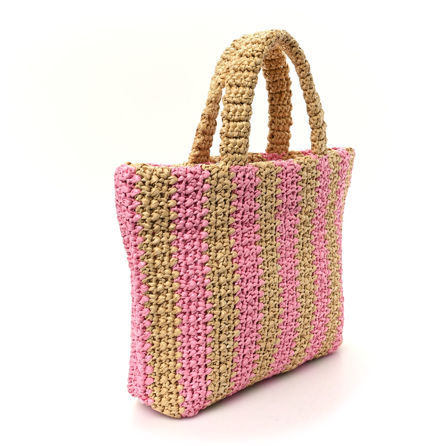 Prada Yarn Raffia Effect Crochet Striped Small Logo Tote Naturale Petalo 3 of 11