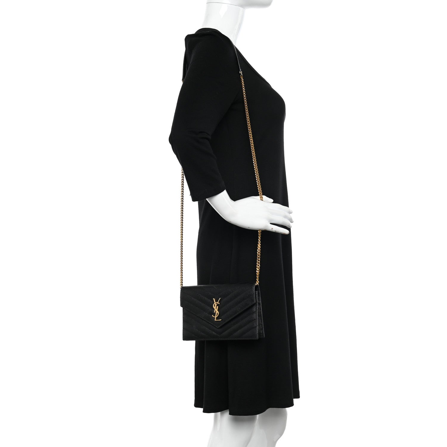 Saint Laurent Grain De Poudre Matelasse Chevron Monogram Envelope Chain Wallet Black 2 of 9