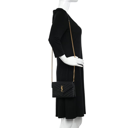 Saint Laurent Grain De Poudre Matelasse Chevron Monogram Envelope Chain Wallet Black 2 of 9