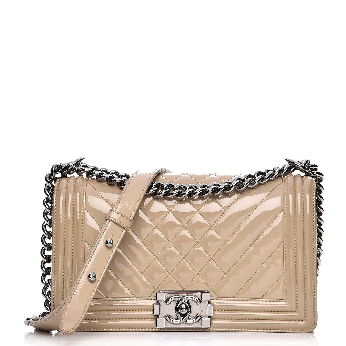 Patent Chevron Medium Boy Flap Beige