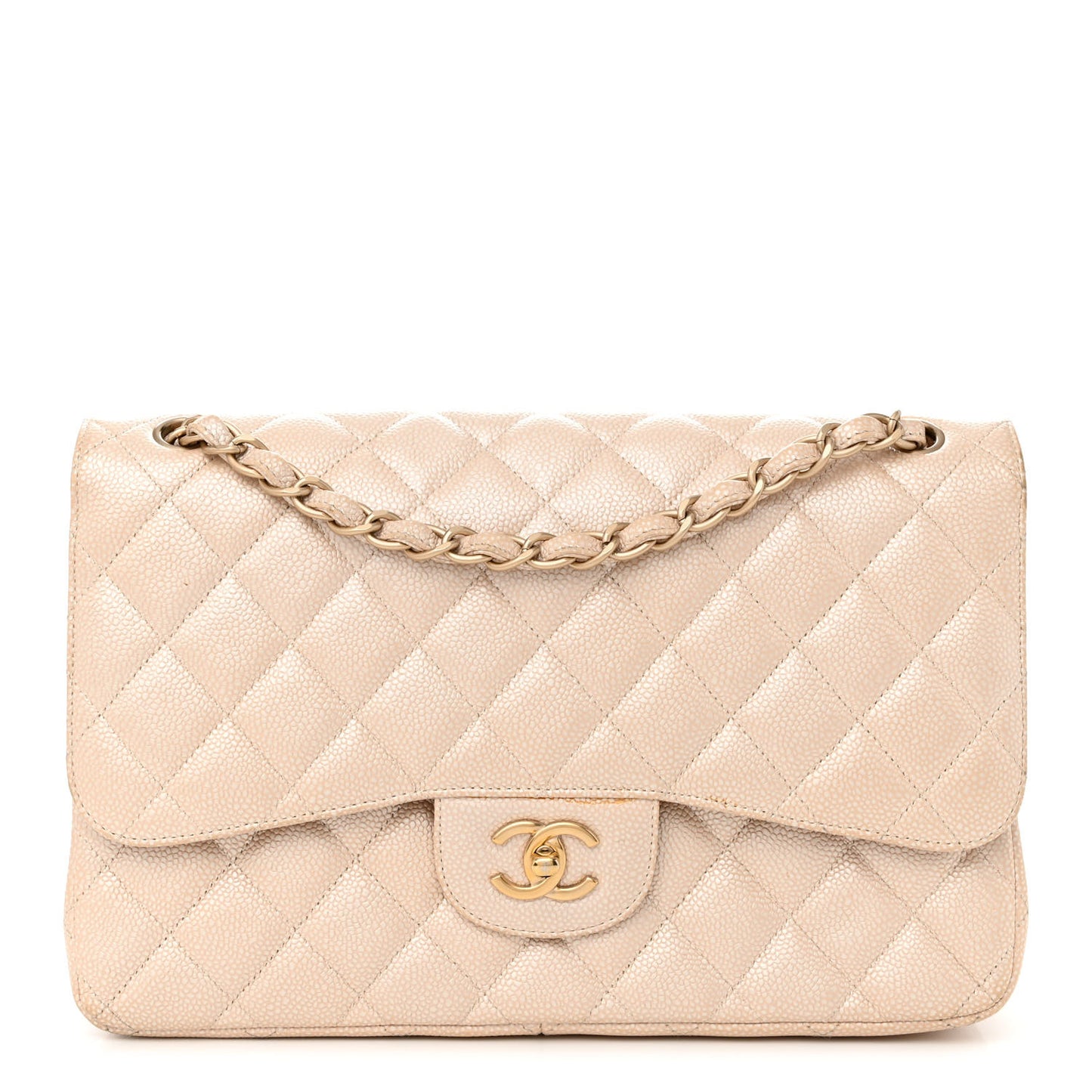 Iridescent Caviar Quilted Jumbo Double Flap Beige
