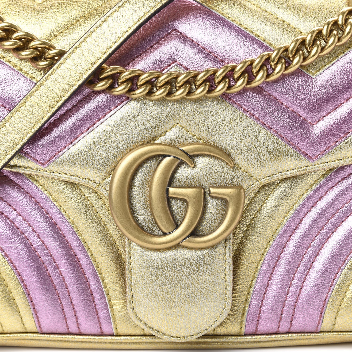Gucci Metallic Calfskin Matelasse Small GG Marmont Shoulder Bag Gold Pink 11 of 11