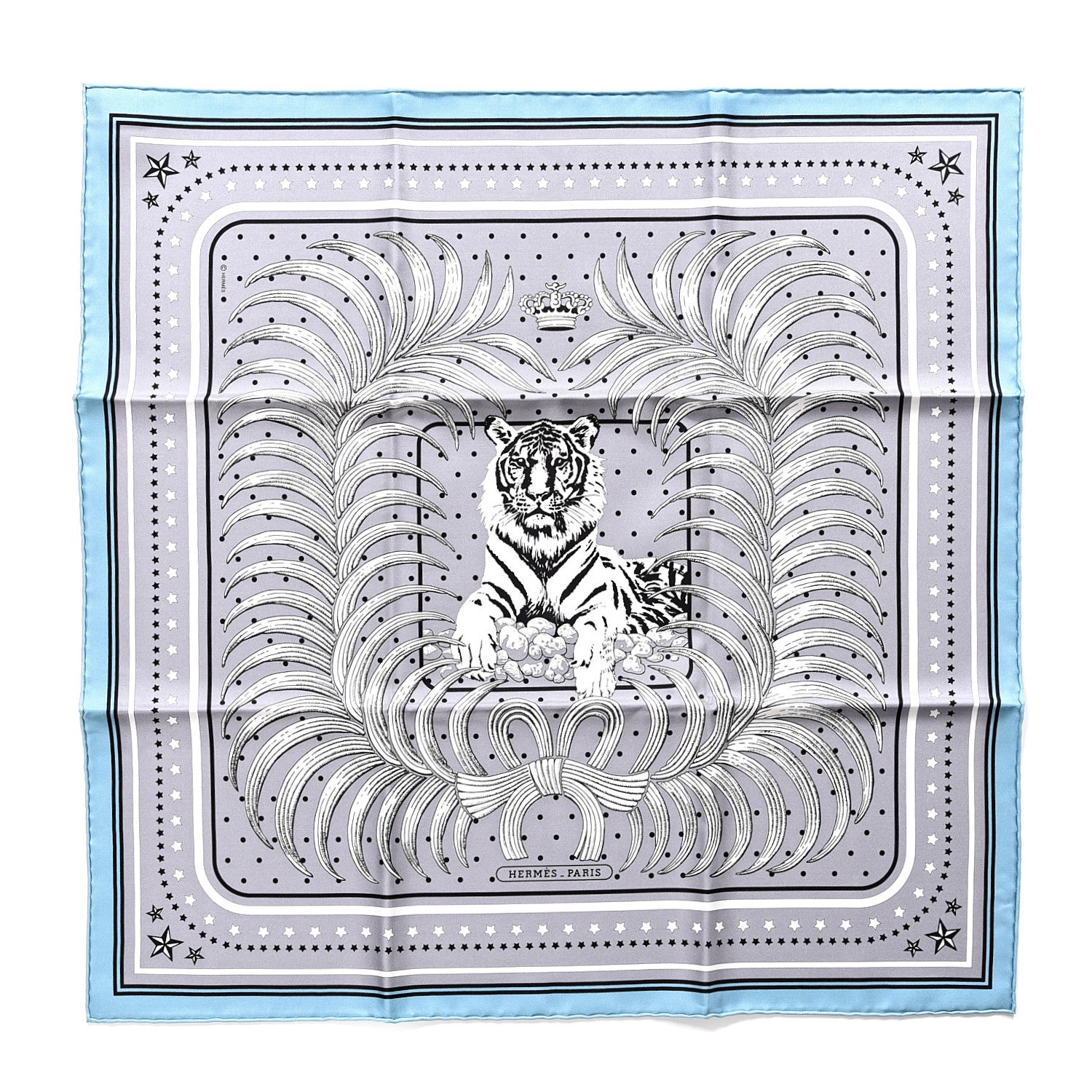 Hermes Silk Tigre Royal Bandana Scarf 55 Gris Bleu Grise Blanc 1 of 5