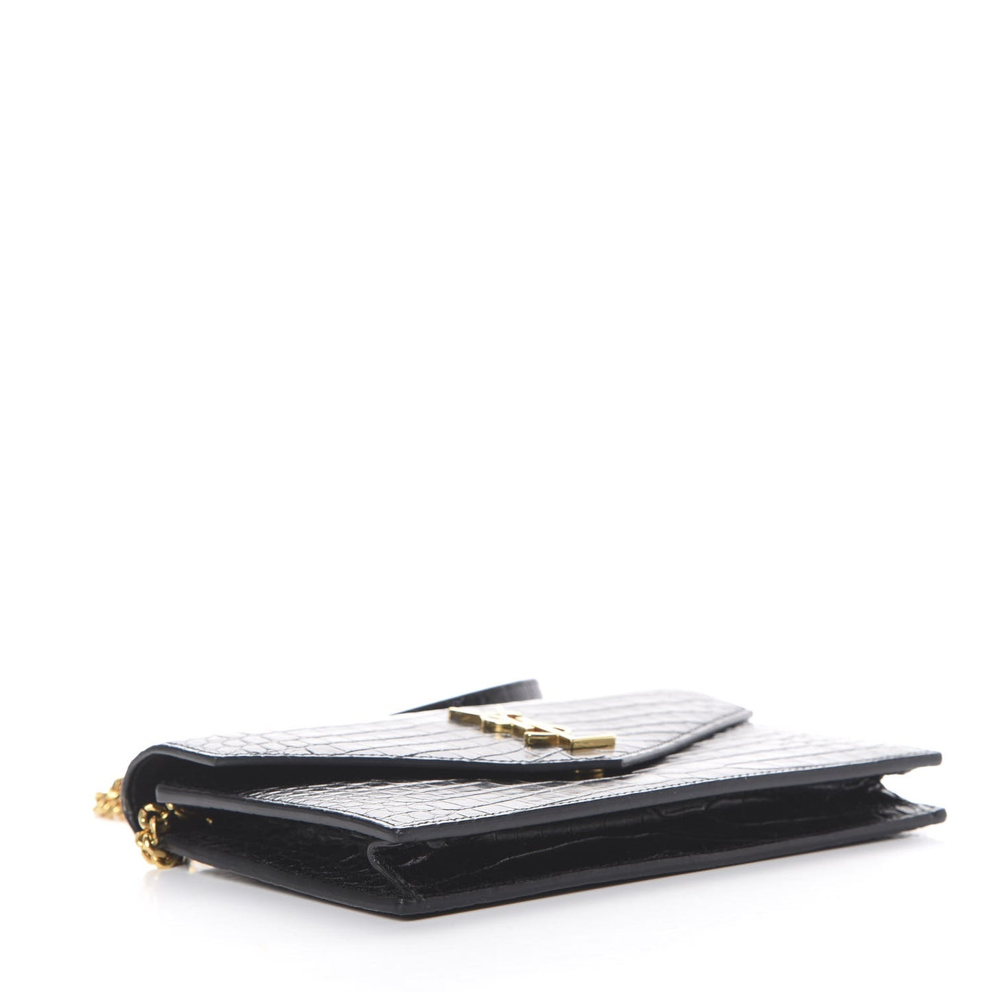 Calfskin Crocodile Embossed Monogram Envelope Chain Wallet Black
