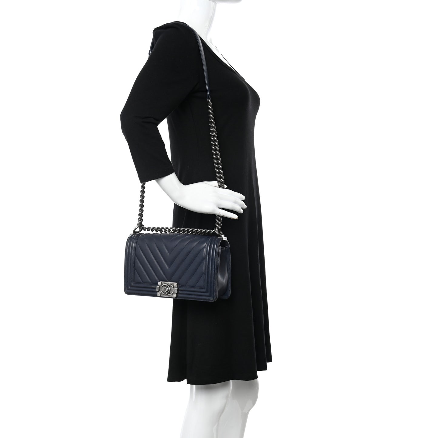 Calfskin Chevron Medium Boy Flap Navy