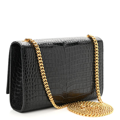 Saint Laurent Calfskin Crocodile Embossed Small Classic Monogram Kate Tassel Satchel Black 3 of 10