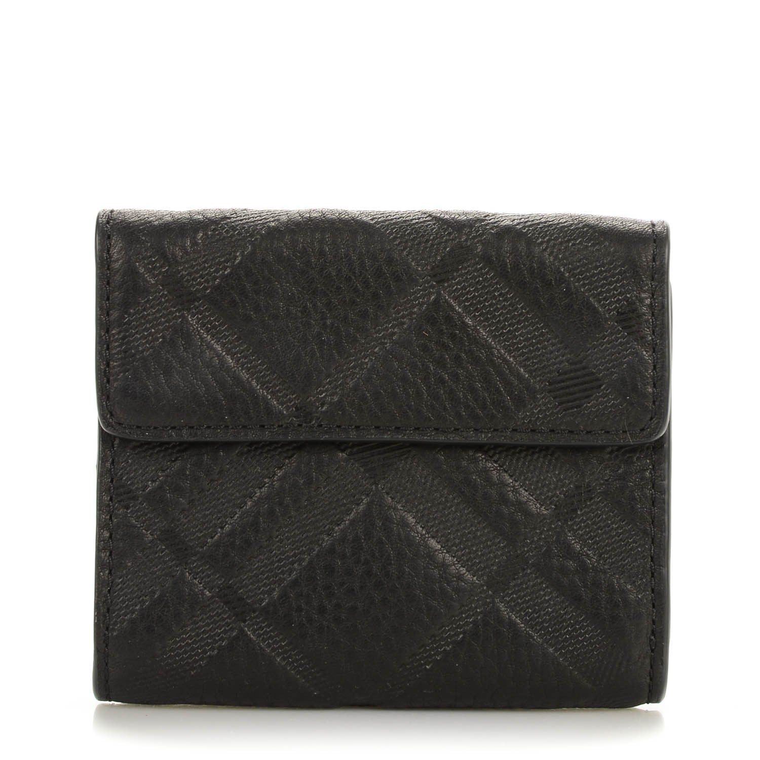 Burberry Signature Grain Calfskin Check Embossed Compact Wallet Black 1 of 8