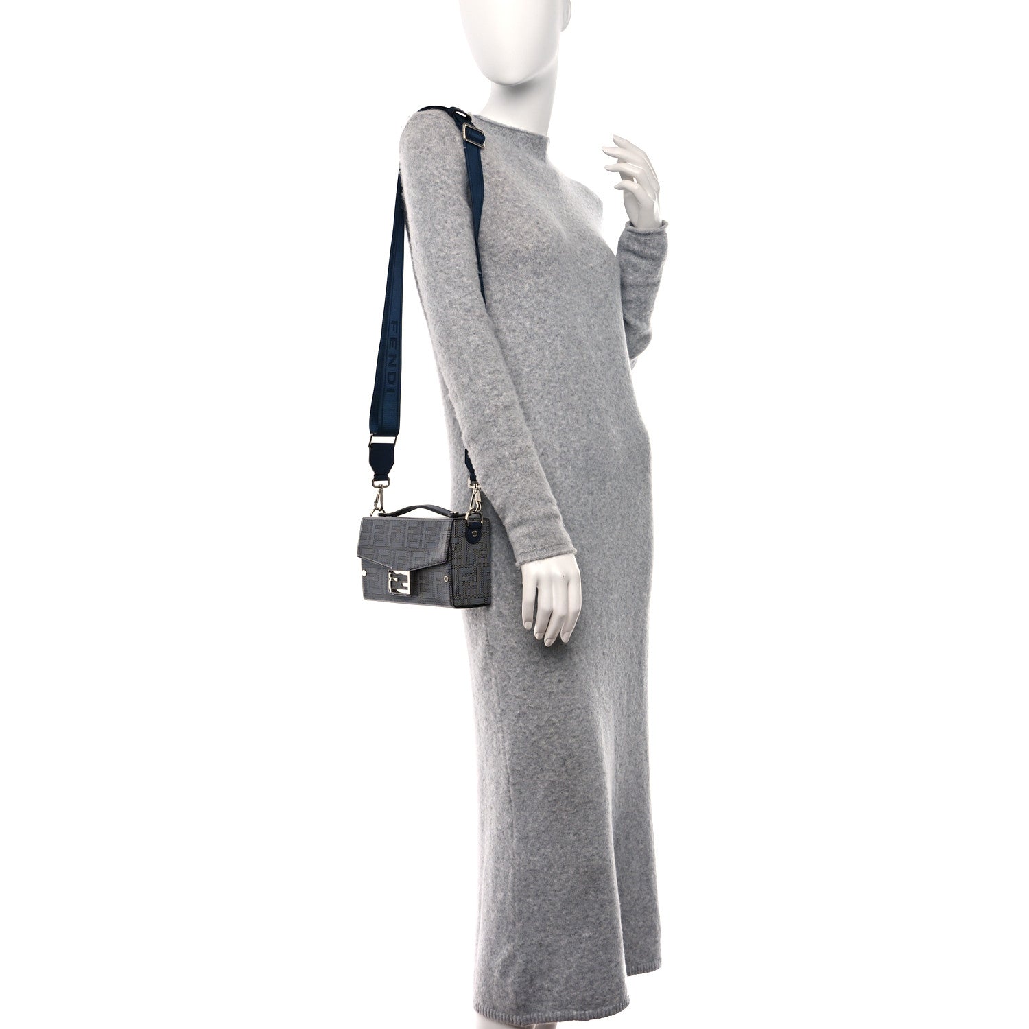Fendi Vitello King FF Lines Embossed Bi-Color Baguette Soft Trunk Ghiaia Blue Mirto 3 of 8