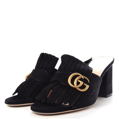Gucci Kid Scamosciato GG Marmont Fringe 75mm Slide Sandals 38 Black 3 of 10
