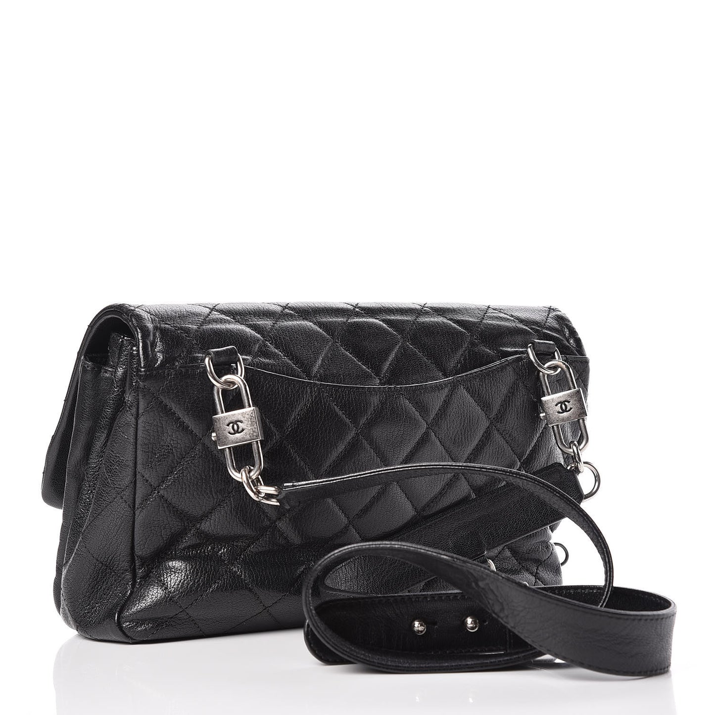 Shiny Goatskin Quilted Large Double Carry Waist Chain Flap Black