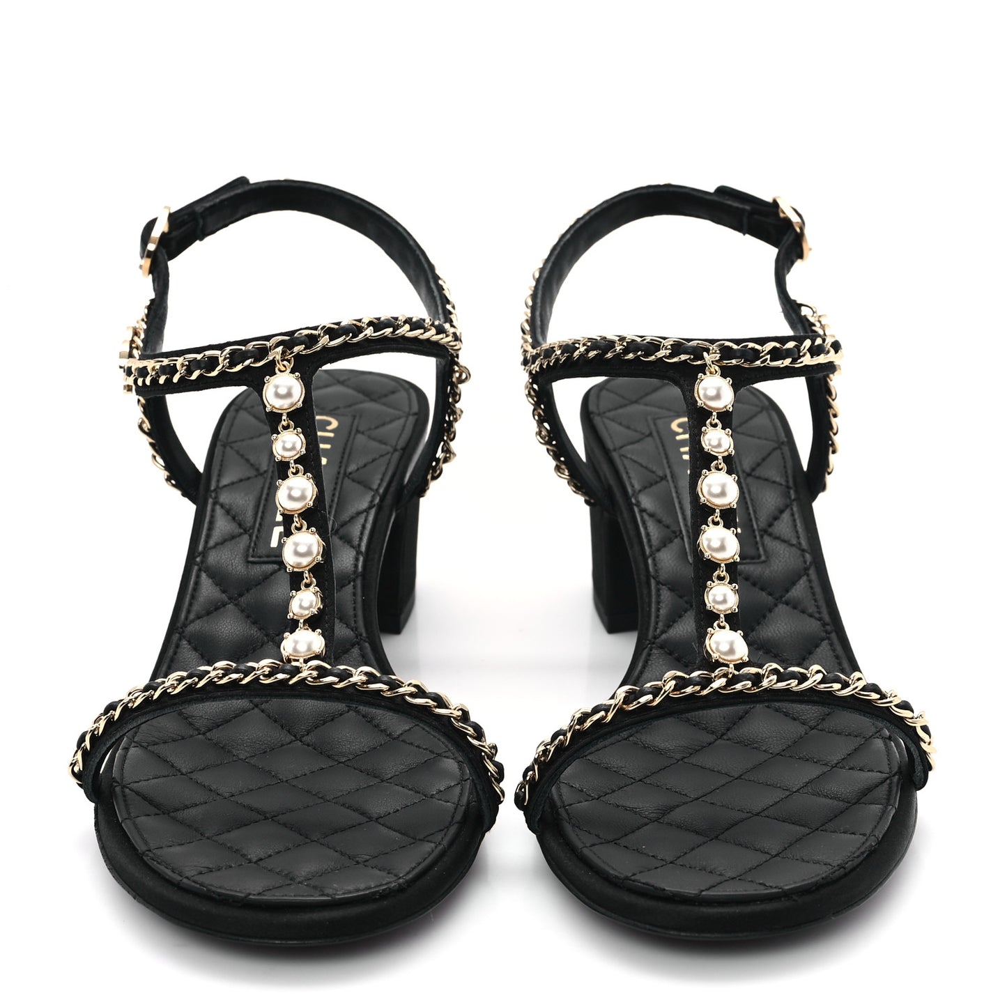 Silk Satin Pearl Chain CC Sandals 37.5 Black