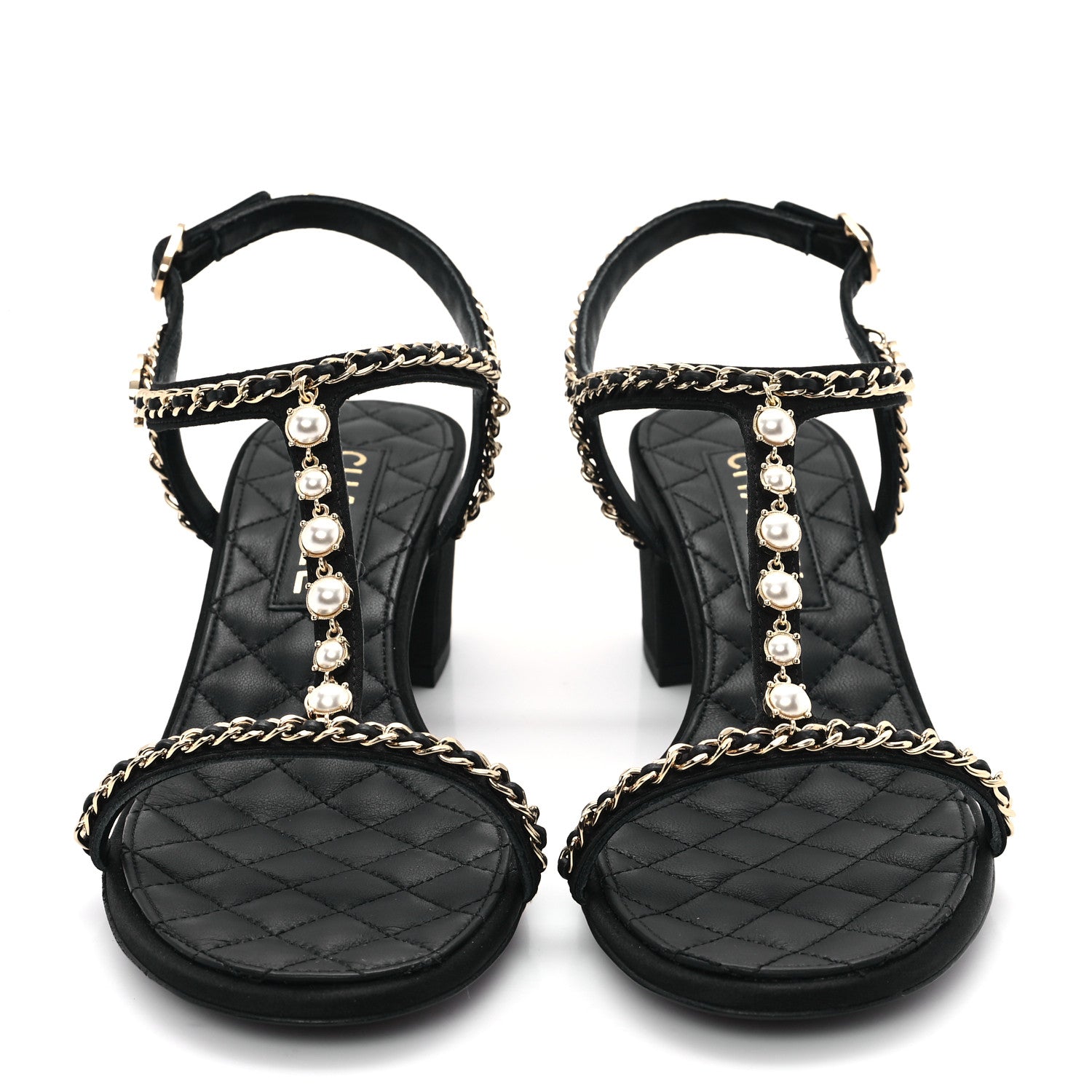 Chanel Silk Satin Pearl Chain CC Sandals 37.5 Black 3 of 10