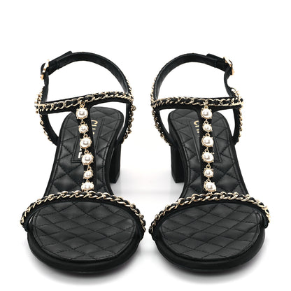 Chanel Silk Satin Pearl Chain CC Sandals 37.5 Black 3 of 10
