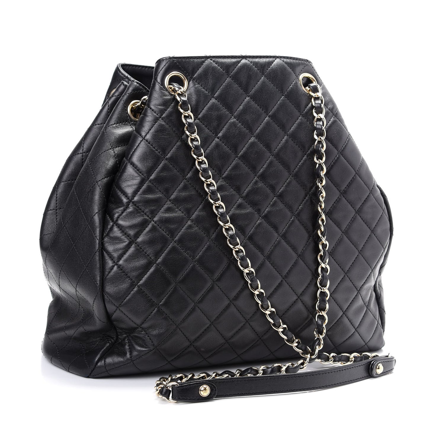 Lambskin Quilted Large Drawstring Bag Black