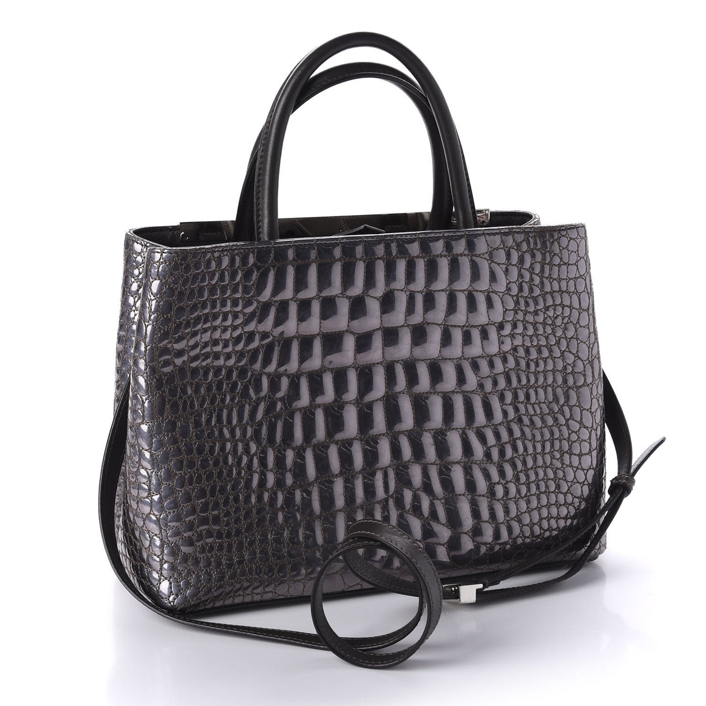 Metallic Calfskin Crocodile Embroidered Petite 2Jours Tote Silver Mirror