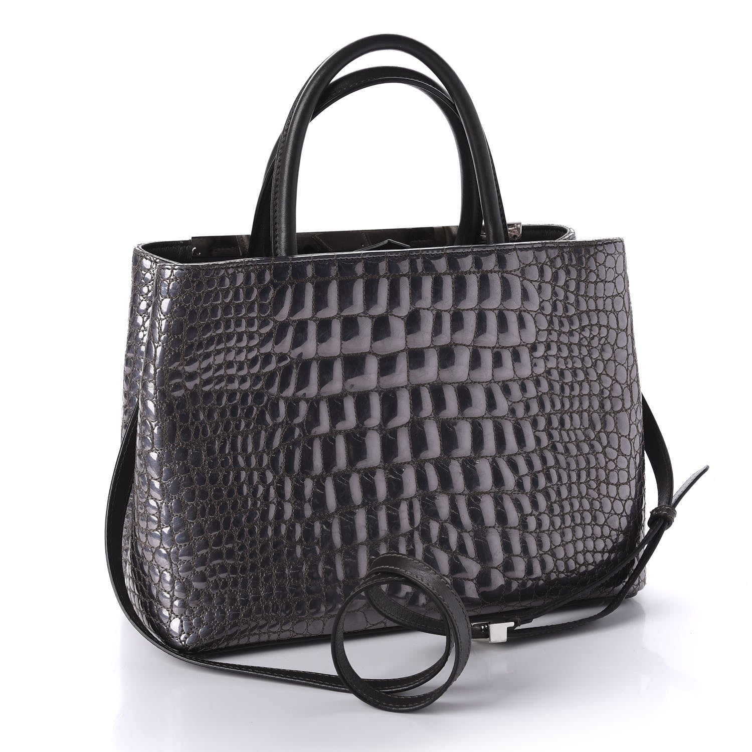 Fendi Metallic Calfskin Crocodile Embroidered Petite 2Jours Tote Silver Mirror 3 of 15