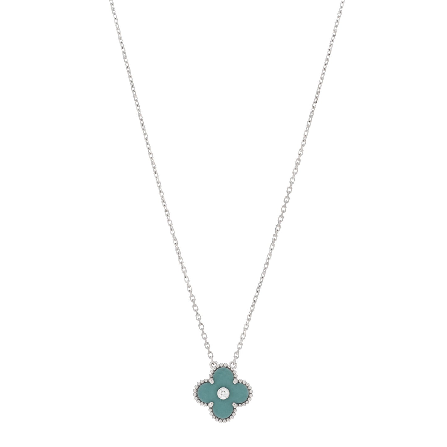 18K White Gold Diamond Celadon Green Sevres Porcelain Vintage Alhambra Pendant Necklace